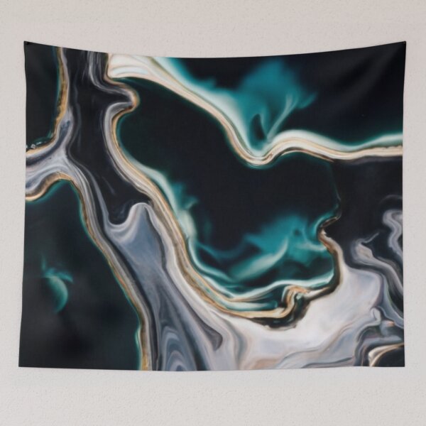 Item preview, logo picture fabric illustration graphics black blue gold silver patterns in dark indigo and light, liquid forms, silver and green, designed and sold by gulka8.