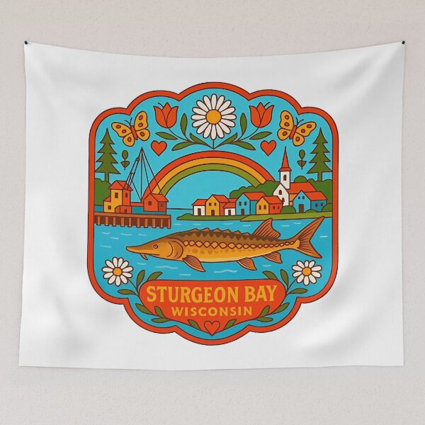 Item preview, Sturgeon Bay Wisconsin Fish and Harbor Scene – Hope for Wildlife Scandinavian Folk Art by heidiannemorris © designed and sold by FOLK ART FUSION by heidiannemorris.