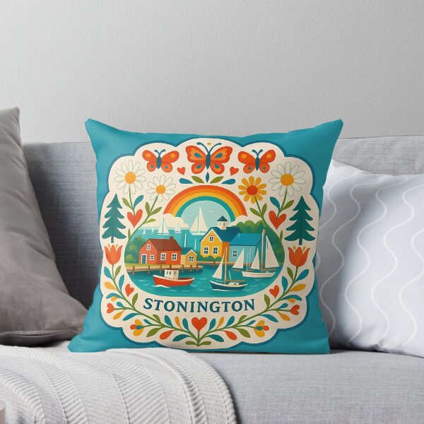 Item preview, Stonington Coastal Scene with Sailboat and Rainbow – Scandinavian Folk Art by heidiannemorris © designed and sold by FOLK ART FUSION by heidiannemorris.