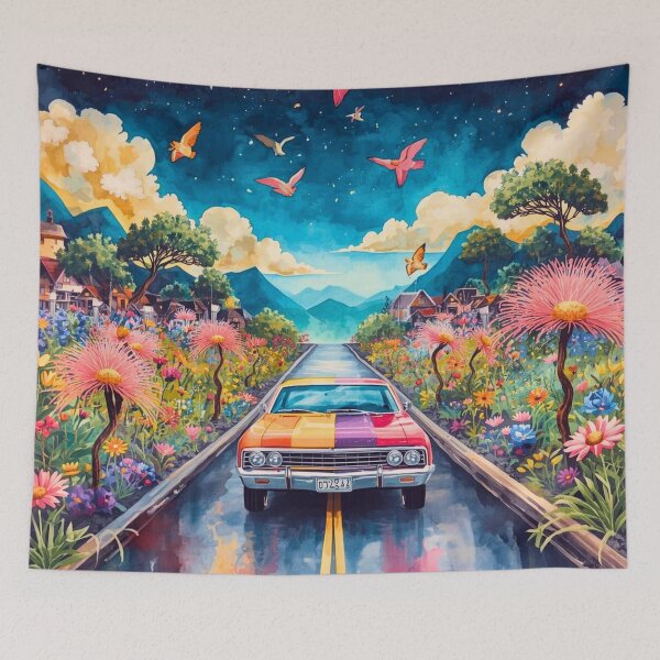 Item preview, Car on Floral Road and Birds designed and sold by Modern-Tropical.