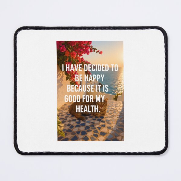 Item preview, Mediterranean Cat Happiness Quote – Relaxing Coastal Sunset Art with Bougainvillea designed and sold by WhimsyByPaul.redbubble.com.