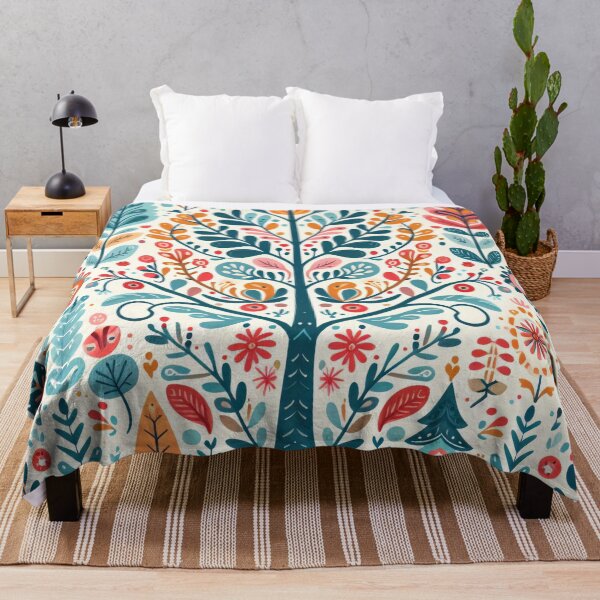 Aperçu de l'œuvre Motif floral d'art populaire scandinave avec arbre central par heidiannemorris © créée et vendue par FOLK ART FUSION by heidiannemorris.