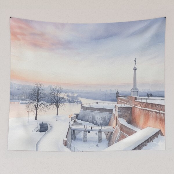 Item preview, Belgrade Winter Fortress – Snowy Kalemegdan in Watercolor designed and sold by Mirkoniart.