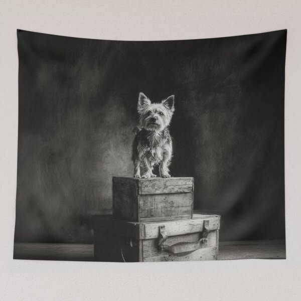Item preview, A proud Yorkshire Terrier standing atop an old wooden crate, Dogs in Motion designed and sold by CDC40.