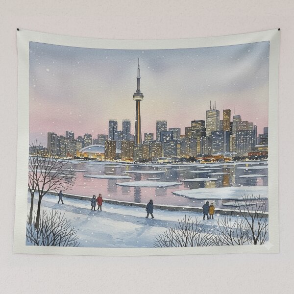 Item preview, Toronto Winter Skyline – Snowy Waterfront Watercolor Art designed and sold by Mirkoniart.