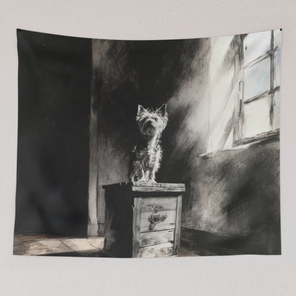 Item preview, A proud Yorkshire Terrier standing atop an old wooden crate, Dogs in Motion designed and sold by CDC40.