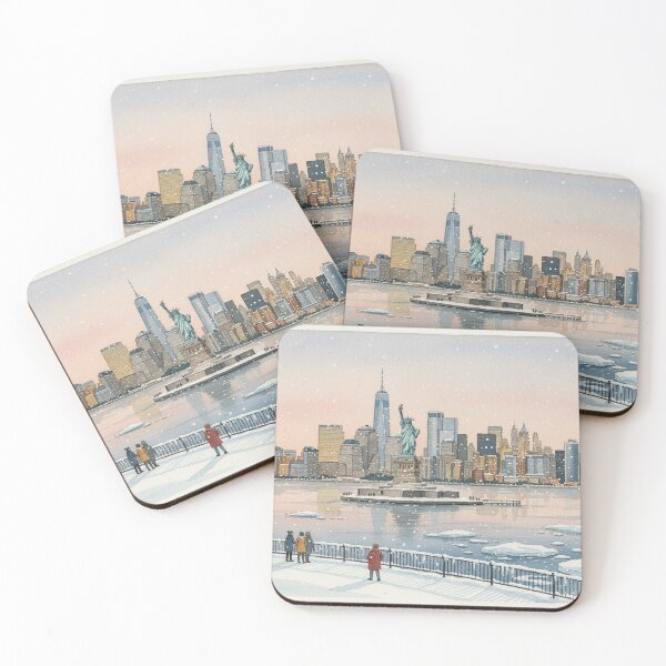 Item preview, New York Winter Skyline – Statue of Liberty Snowy Watercolor Art designed and sold by Mirkoniart.