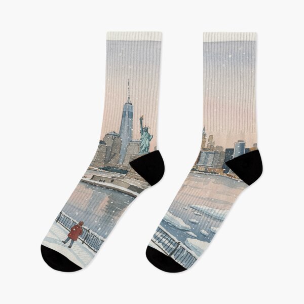 Item preview, New York Winter Skyline – Statue of Liberty Snowy Watercolor Art designed and sold by Mirkoniart.