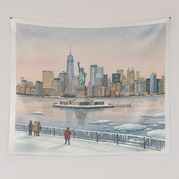 Item preview, New York Winter Skyline – Statue of Liberty Snowy Watercolor Art designed and sold by Mirkoniart.