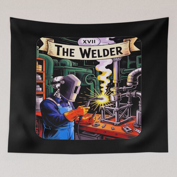 Item preview, the welder welding tarot card skeleton funny metal worker t-shirt designed and sold by GhoulishGaze.