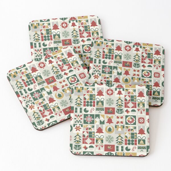 Item preview, Vintage Christmas Patchwork Pattern | Mid Century Holiday Design | Red Green Gold Trees & Bells for T-Shirts, Stickers, Wall Art, Wrapping Paper & More designed and sold by DesignWorld8.