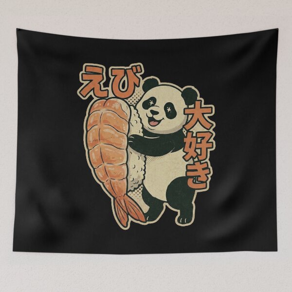 Item preview, Kawaii Panda Loves Ebi Sushi Retro Japanese Shrimp Nigiri Fan designed and sold by Bongocomic.