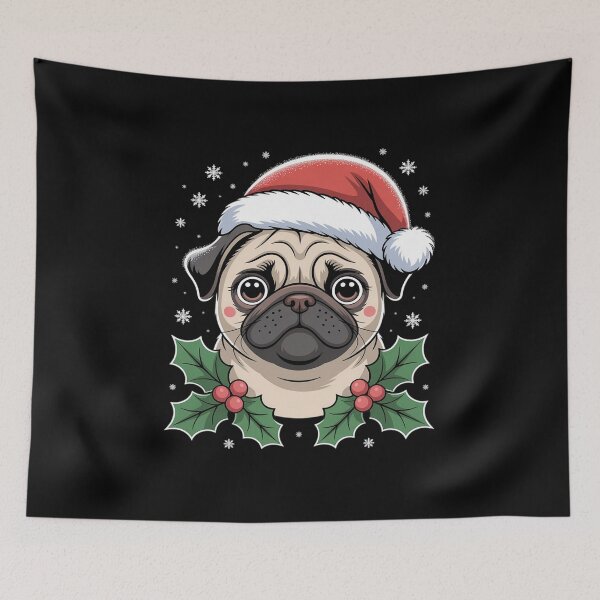 Item preview, Christmas Pug Santa Hat Holly Holiday Cheer designed and sold by velltoons.