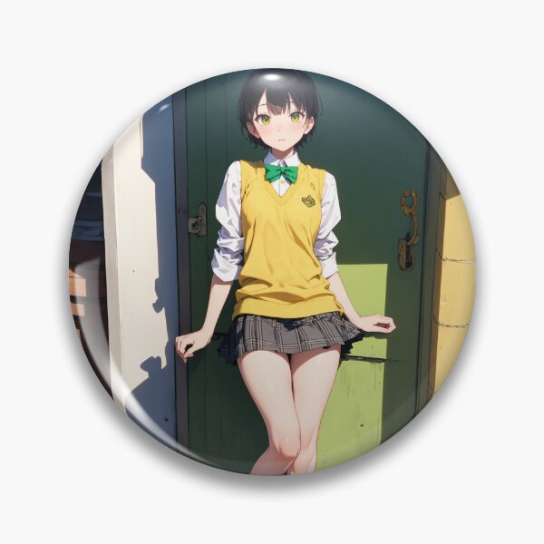Item preview, Cheerful Schoolgirl Anime Portrait: Yellow Vest Uniform and Green Bow designed and sold by iloveanimechibi.