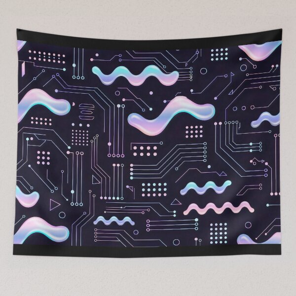 Item preview, Neon Circuit Board with Iridescent Fluid Shapes Abstract Tech Design designed and sold by SplashTastic.