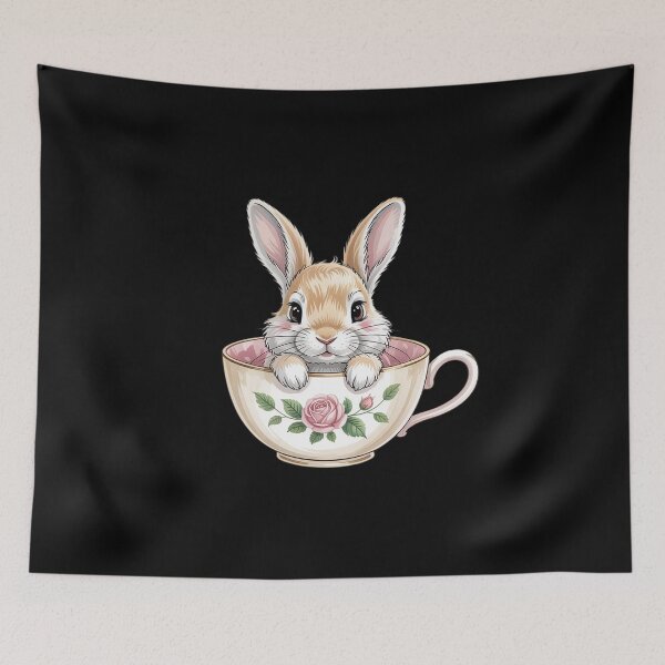 Item preview, Cottagecore Bunny in Antique Floral Teacup Whimsical designed and sold by HardcoreTour.