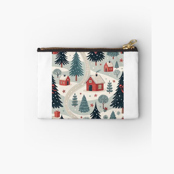 Aperçu de l'œuvre Village de Noël vintage avec chalets rouges accueillants et sapins enneigés – Motif nostalgique des fêtes créée et vendue par CHRONIN.