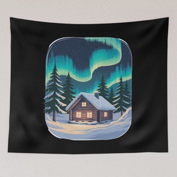 Item preview, Cozy Winter Cabin Snow Northern Lights Scenic Nature designed and sold by BubblePancake.