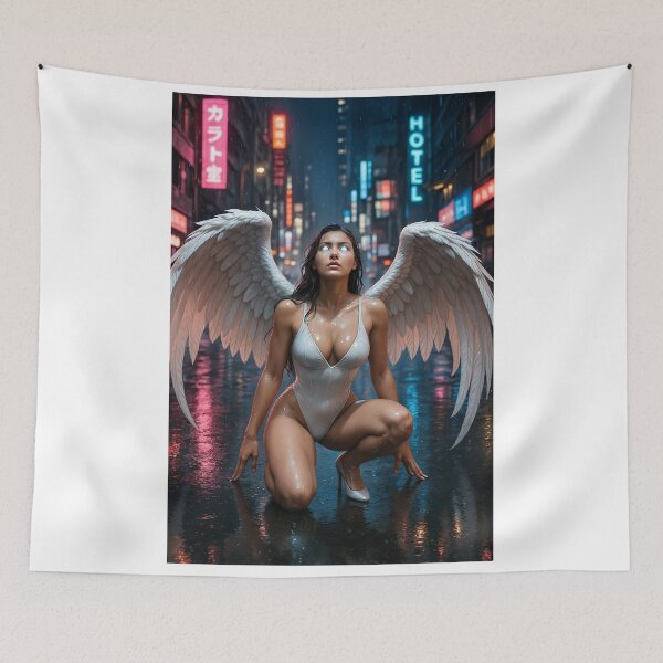 Item preview, White winged woman wet citystreet glowing eyes designed and sold by CathryneDelamort.