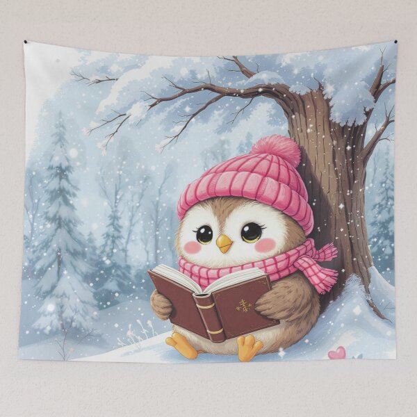 Item preview, Cute Cartoon Owl Reading Under a Snowy Tree, Cozy Book Lover Design designed and sold by HappySproutArt.