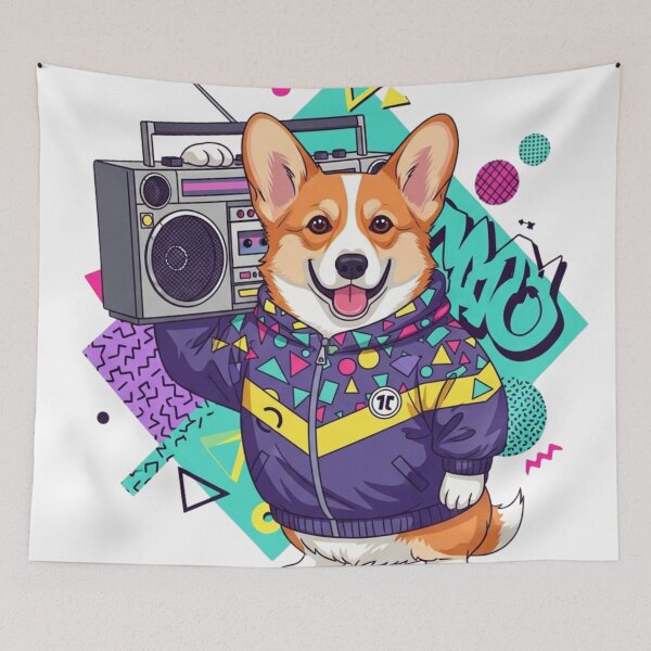 Item preview, 90s Retro Corgi with Boombox - Vintage Hip Hop Dog Art designed and sold by HypeHoundz.