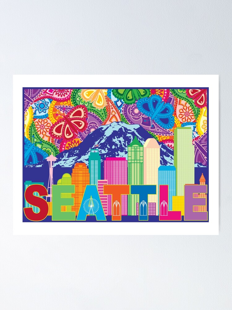Seattle Wa Outline Silhouette With City Skyline And Mt Rainier On Colorful Paisley Pattern Background Drawing Poster By Jpldesigns Redbubble