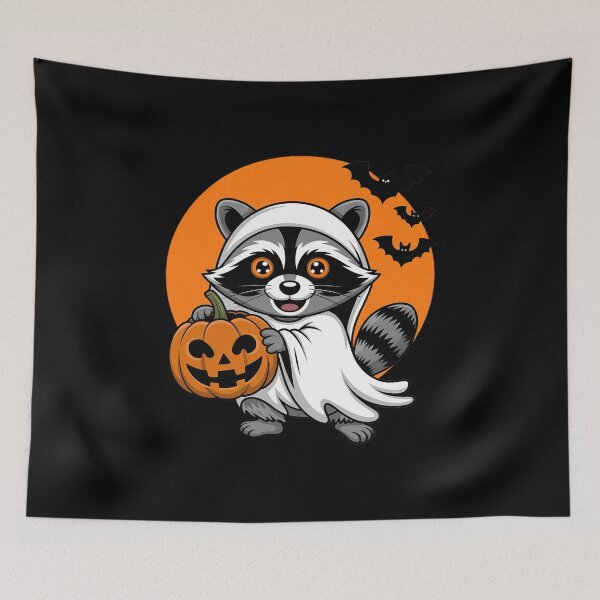 Item preview, Cute Raccoon in Adorable Ghost Costume Holding Pumpkin designed and sold by DetroitMug.