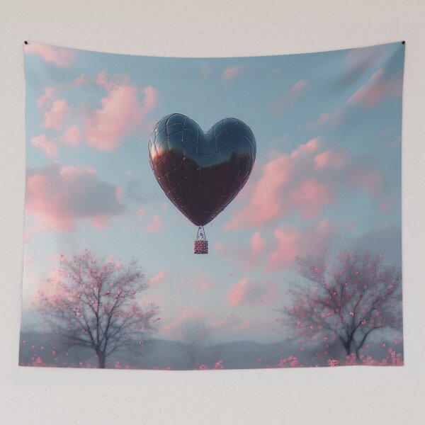 Item preview, Heart-shaped balloon floats over pink flower field designed and sold by Mianku | Für das Leben.