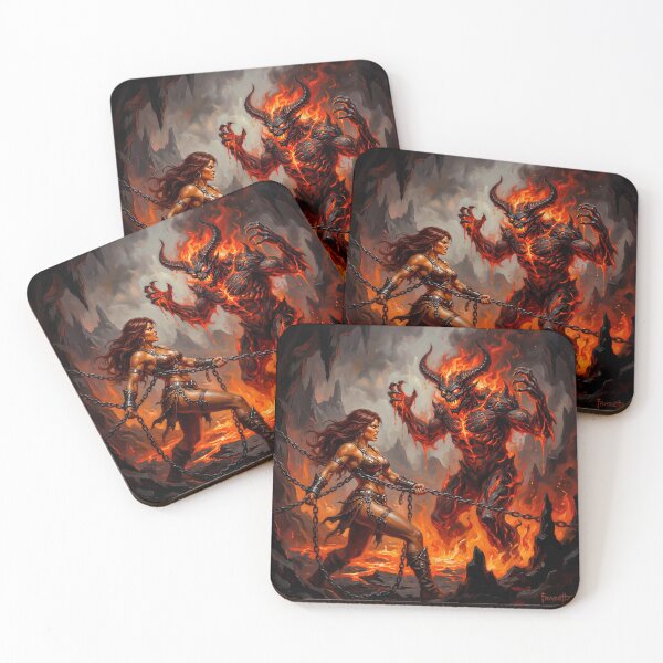 Item preview, Barbarian Woman vs the demon horde illustration fantasy art style designed and sold by Vintage Designs +.