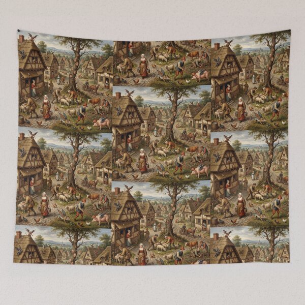 Item preview, A medieval dutch village attacked by strange hellish demons after Hieronymus Bosch and Pieter Bruegel designed and sold by Vintage Designs +.