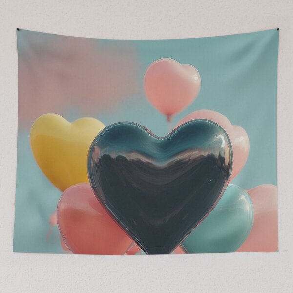 Item preview, Heart-shaped balloons float in the cloudy sky. designed and sold by Mianku | Für das Leben.