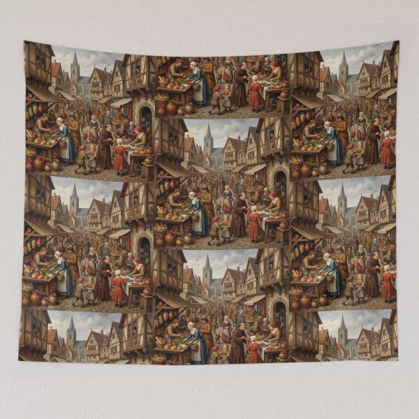 Item preview, A medieval English Market attacked by strange hellish demons after Hieronymus Bosch and Pieter Bruegel designed and sold by Vintage Designs +.