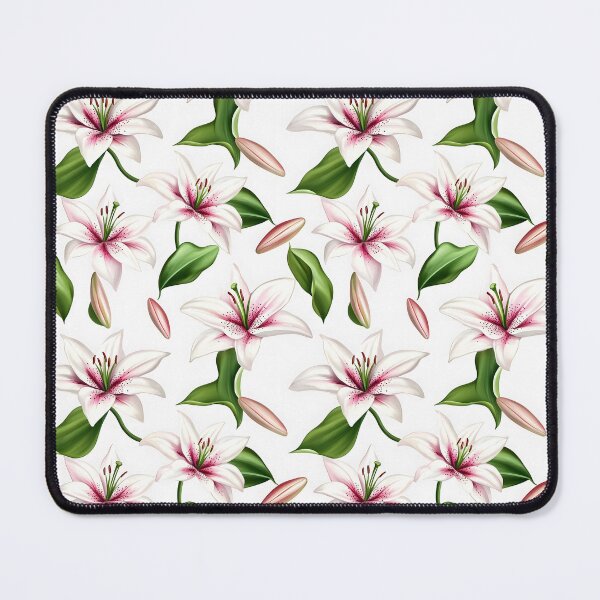 Item preview, The image showcases a seamless pattern with beautiful white lilies, accented with shades of pink near the center, complemented by lush green leaves and delicate lily buds. designed and sold by rujlaphusstudio.