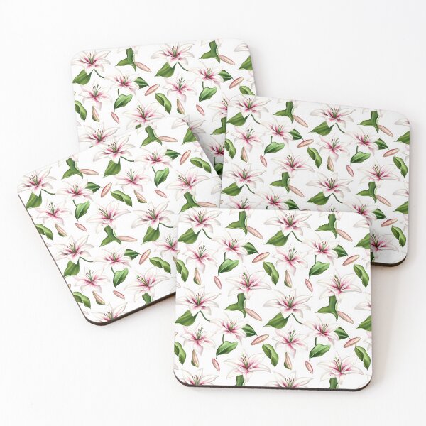 Item preview, The image showcases a seamless pattern with beautiful white lilies, accented with shades of pink near the center, complemented by lush green leaves and delicate lily buds. designed and sold by rujlaphusstudio.