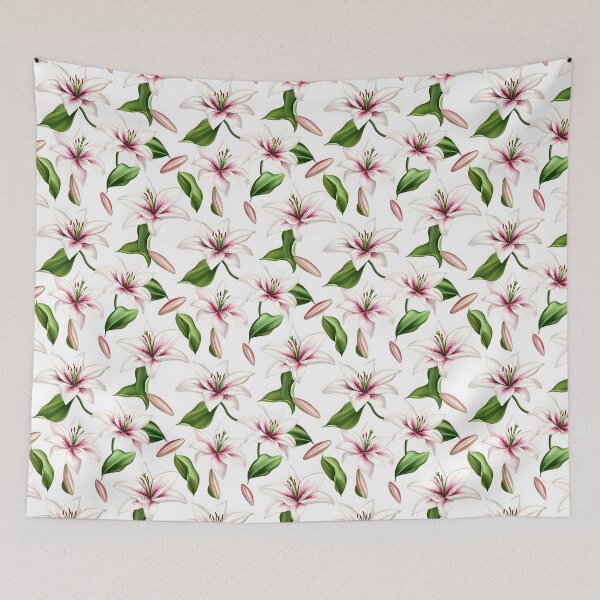 Item preview, The image showcases a seamless pattern with beautiful white lilies, accented with shades of pink near the center, complemented by lush green leaves and delicate lily buds. designed and sold by rujlaphusstudio.