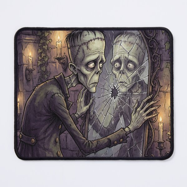 Item preview, Frankenstein's monster breaking a mirror with his reflection illustration art designed and sold by Vintage Designs +.