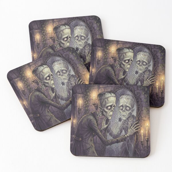 Item preview, Frankenstein's monster breaking a mirror with his reflection illustration art designed and sold by Vintage Designs +.
