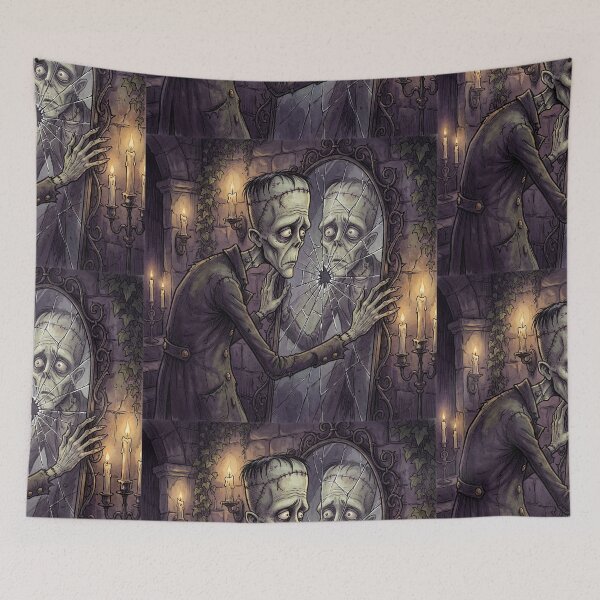 Item preview, Frankenstein's monster breaking a mirror with his reflection illustration art designed and sold by Vintage Designs +.