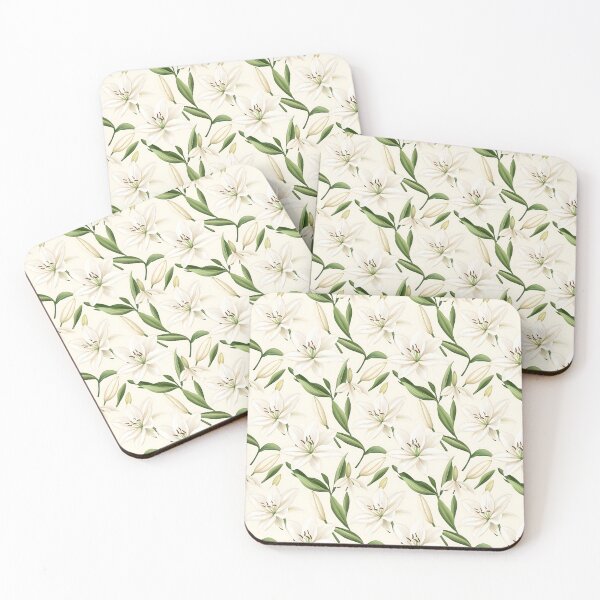 Item preview, The image showcases a repeating pattern of elegant white lily blossoms and verdant leaves against a soft white background, making it serene and sophisticated. designed and sold by rujlaphusstudio.