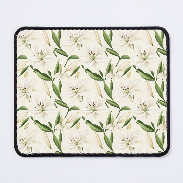 Item preview, The image showcases a repeating pattern of elegant white lily blossoms and verdant leaves against a soft white background, making it serene and sophisticated. designed and sold by rujlaphusstudio.