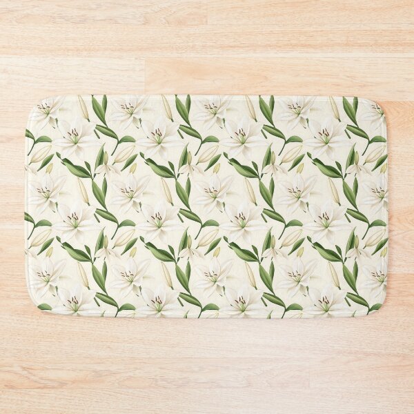 Item preview, The image showcases a repeating pattern of elegant white lily blossoms and verdant leaves against a soft white background, making it serene and sophisticated. designed and sold by rujlaphusstudio.