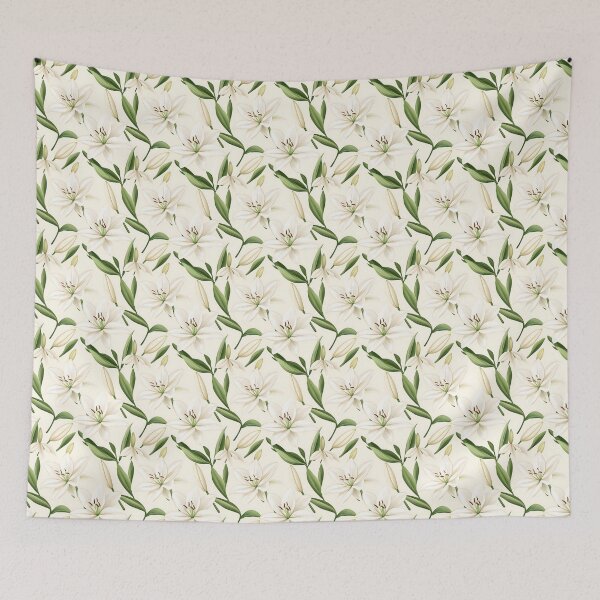 Item preview, The image showcases a repeating pattern of elegant white lily blossoms and verdant leaves against a soft white background, making it serene and sophisticated. designed and sold by rujlaphusstudio.