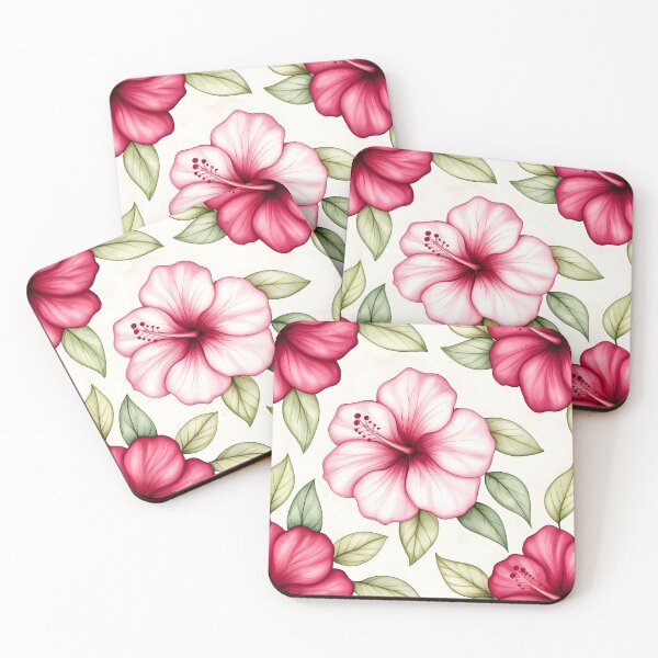 Item preview, The image features a seamless pattern with watercolor-style hibiscus flowers in shades of pink and red, accompanied by light green leaves, all set against a soft, off-white backdrop. designed and sold by rujlaphusstudio.