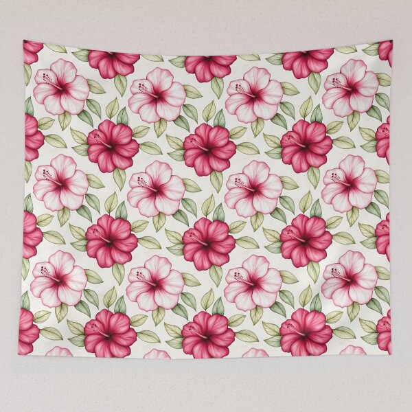 Item preview, The image features a seamless pattern with watercolor-style hibiscus flowers in shades of pink and red, accompanied by light green leaves, all set against a soft, off-white backdrop. designed and sold by rujlaphusstudio.