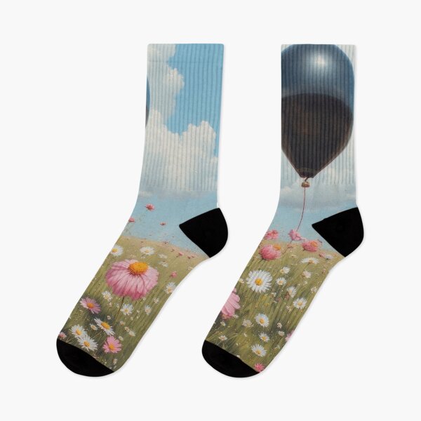 Item preview, Black balloon over blooming flower field designed and sold by Mianku | Für das Leben.