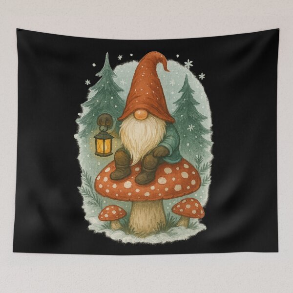 Item preview, Christmas Gnome on Mushroom Lantern – Cozy Winter Forest Art designed and sold by PunchDrop.