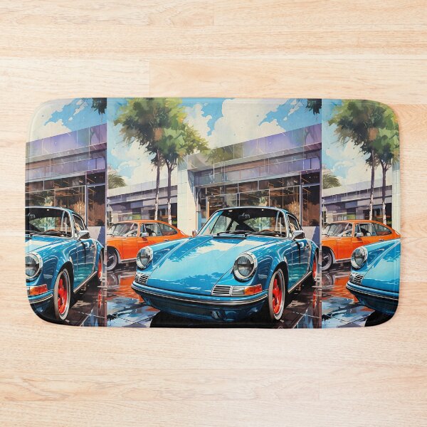 Item preview, Vintage sports car shining outside a modern glass showroom designed and sold by RevUpDesign.