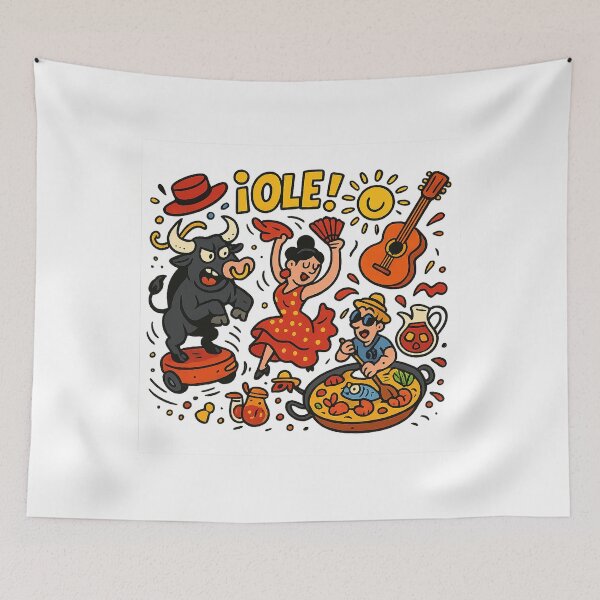 Item preview, Ole! Funny Spanish cliché – Flamenco, bull & paella illustration designed and sold by janbo93.