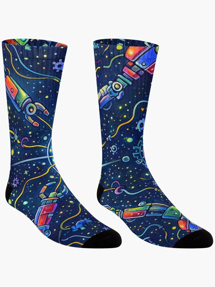 Thumbnail 3 of 5, Socks, Cosmic Robotics Storm — Neon Tech Pattern designed and sold by InNyutLab.