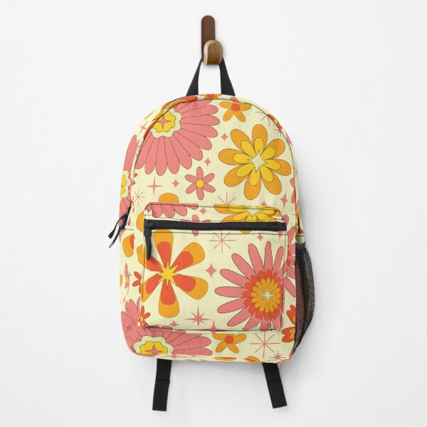 Item preview, f Groovy 70s coral pink yellow and orange Atomic Flowers on beige designed and sold by Yasminepatterns .
